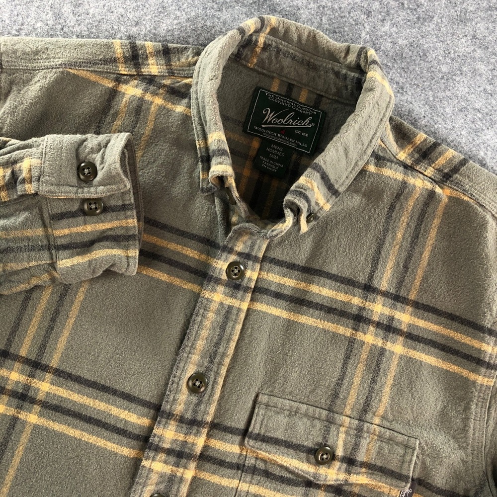 Woolrich Mens Shirt M Green Plaid Cotton Long Sleeve Button Up Down Wool
